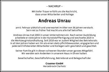 Traueranzeige von Andreas Unrau von Die Glocke