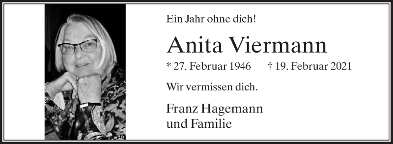  Traueranzeige für Anita Viermann vom 19.02.2022 aus Die Glocke