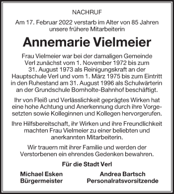Traueranzeige von Annemarie Vielmeier von Die Glocke