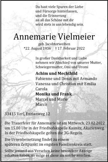 Traueranzeige von Annemarie Vielmeier von Die Glocke