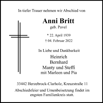 Traueranzeige von Anni Britt von Die Glocke