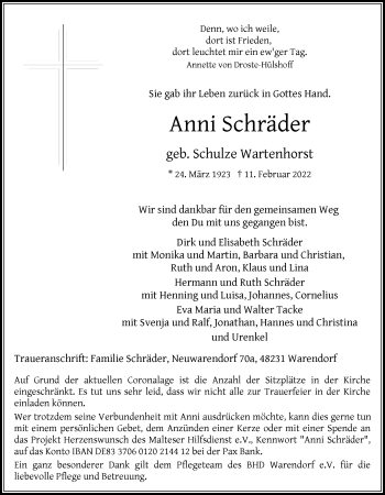 Traueranzeige von Anni Schräder von Die Glocke
