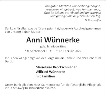 Traueranzeige von Anni Wünnerke von Die Glocke