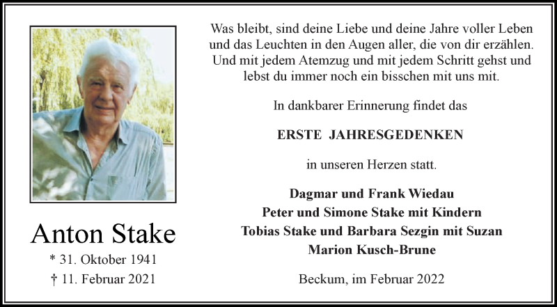  Traueranzeige für Anton Stake vom 12.02.2022 aus Die Glocke