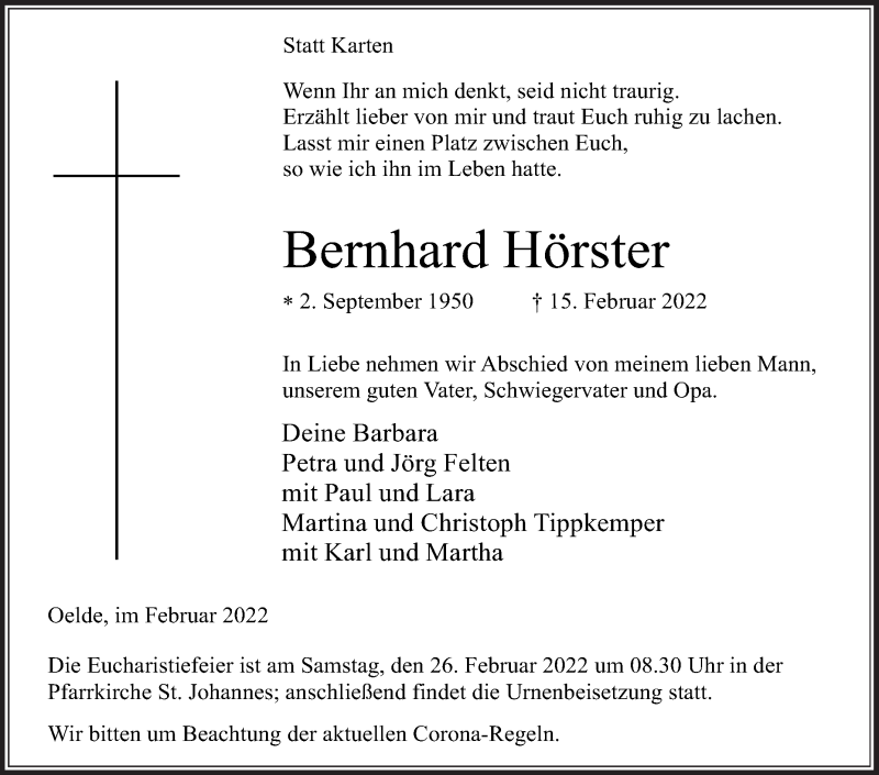  Traueranzeige für Bernhard Hörster vom 19.02.2022 aus Die Glocke