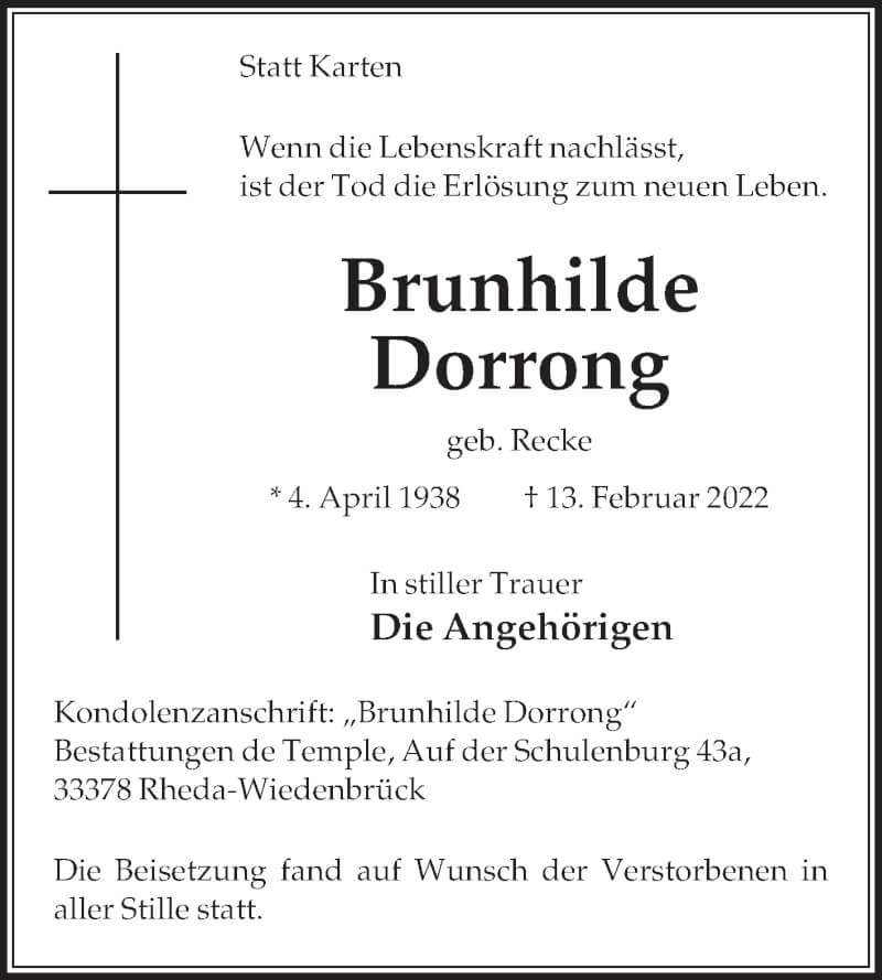  Traueranzeige für Brunhilde Dorrong vom 26.02.2022 aus Die Glocke