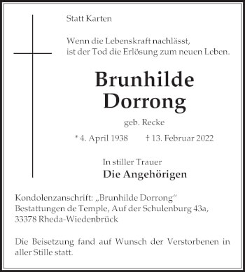 Traueranzeige von Brunhilde Dorrong von Die Glocke