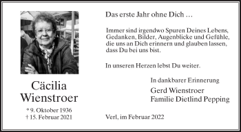 Traueranzeige von Cäcilia Wienstroer von Die Glocke