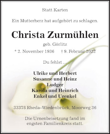 Traueranzeige von Christa Zurmühlen von Die Glocke