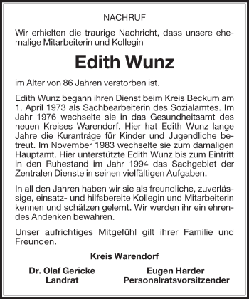 Traueranzeige von Edith Wunz von Die Glocke