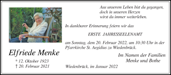 Traueranzeige von Elfriede Menke von Die Glocke