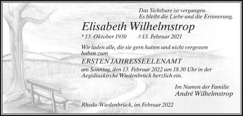  Traueranzeige für Elisabeth Wilhelmstrop vom 12.02.2022 aus Die Glocke
