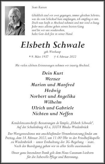 Traueranzeige von Elsbeth Schwale von Die Glocke