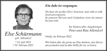 Traueranzeige von Else Schürmann von Die Glocke