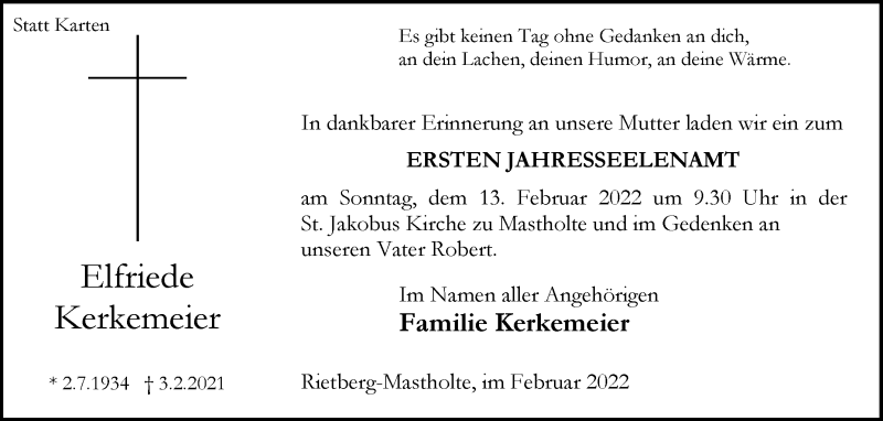  Traueranzeige für Familie Kerkemeier vom 11.02.2022 aus Die Glocke
