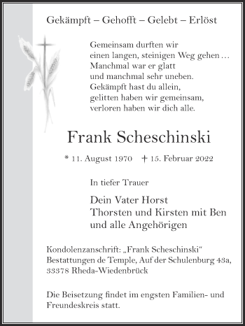 Traueranzeige von Frank Scheschinski von Die Glocke
