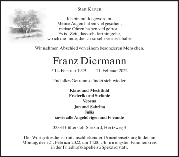 Traueranzeige von Franz Diermann von Die Glocke