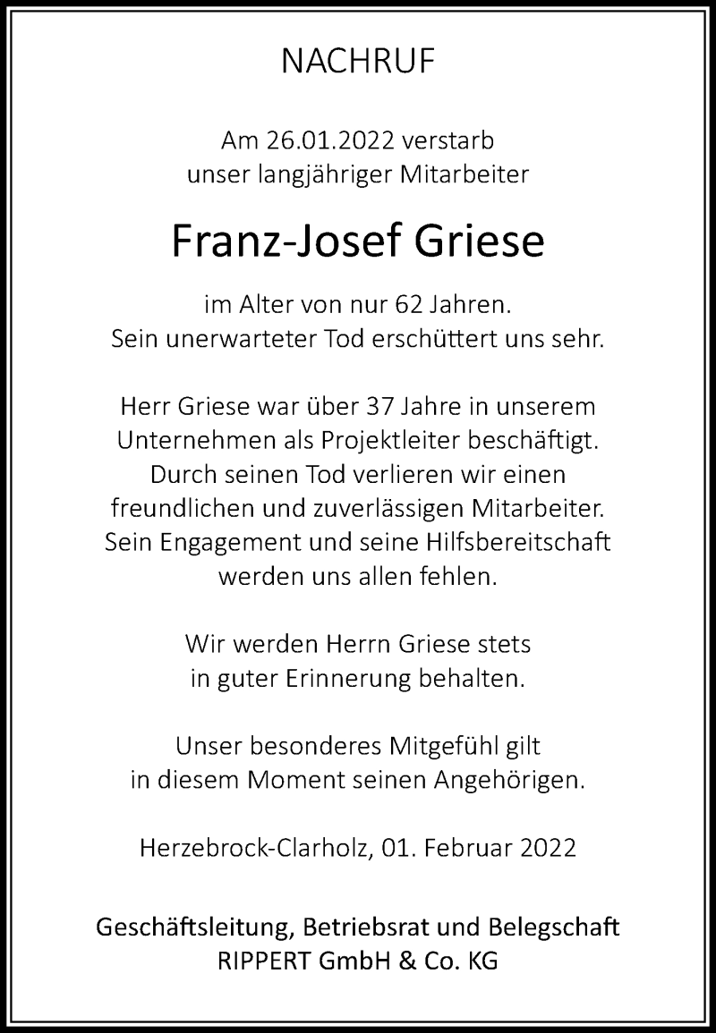  Traueranzeige für Franz-Josef Griese vom 02.02.2022 aus Die Glocke