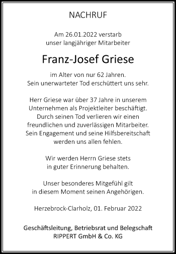 Traueranzeige von Franz-Josef Griese von Die Glocke