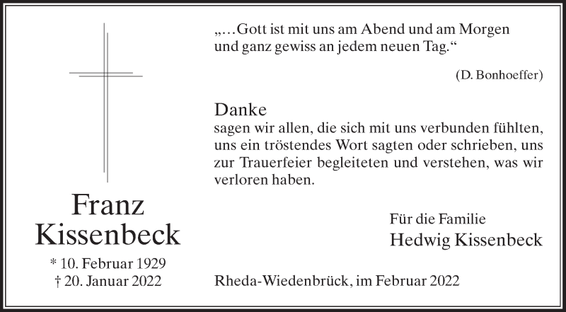  Traueranzeige für Franz Kissenbeck vom 19.02.2022 aus Die Glocke