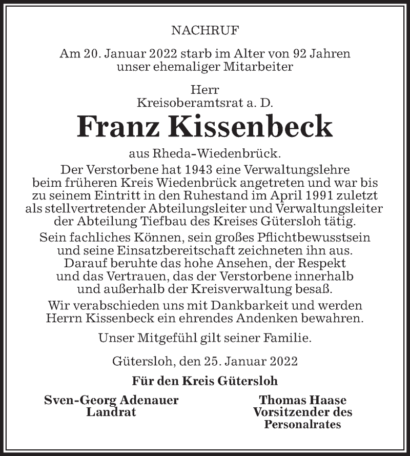  Traueranzeige für Franz Kissenbeck vom 02.02.2022 aus Die Glocke