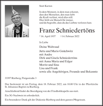 Traueranzeige von Franz Schniedertöns von Die Glocke