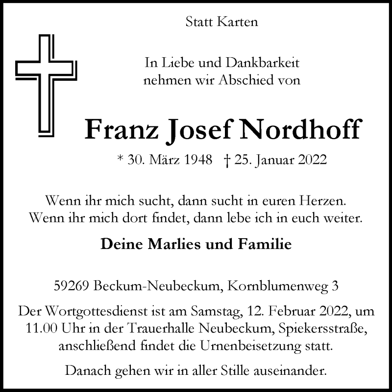  Traueranzeige für Franz Josef Nordhoff vom 05.02.2022 aus Die Glocke