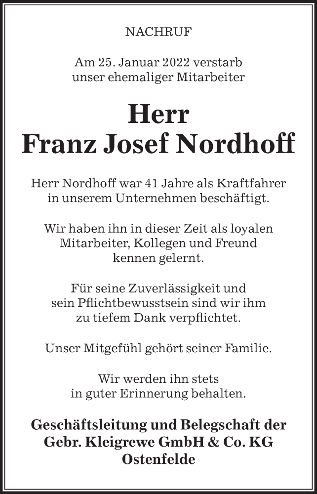  Traueranzeige für Franz Josef Nordhoff vom 12.02.2022 aus Die Glocke