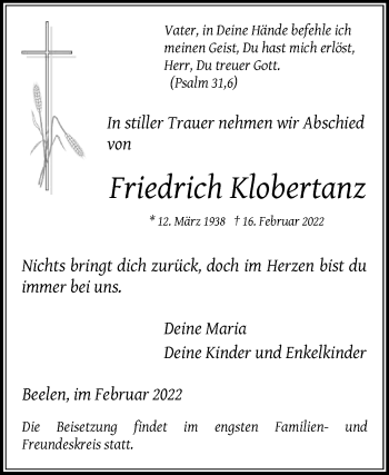 Traueranzeige von Friedrich Klobertanz von Die Glocke