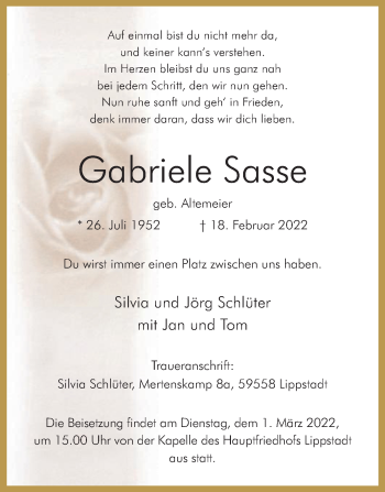 Traueranzeige von Gabriele Sasse von Die Glocke