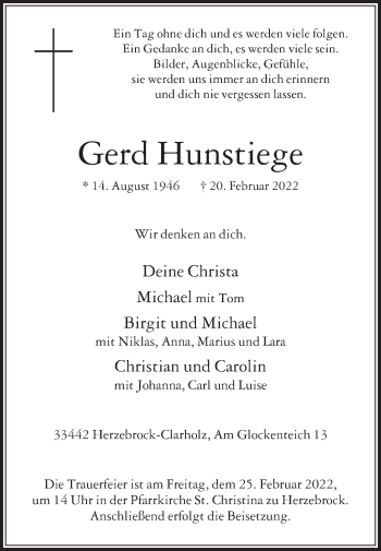 Traueranzeige von Gerd Hunstiege von Die Glocke