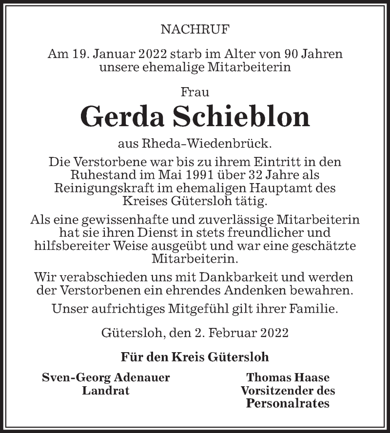  Traueranzeige für Gerda Schieblon vom 04.02.2022 aus Die Glocke