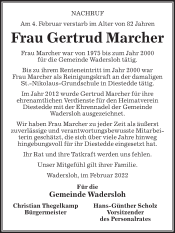 Traueranzeige von Gertrud Marcher von Die Glocke
