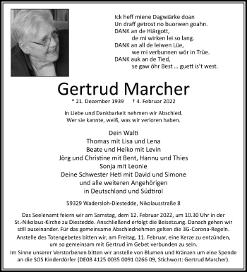 Traueranzeige von Gertrud Marcher von Die Glocke