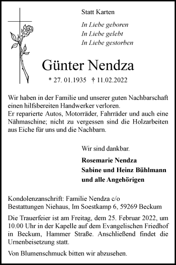 Traueranzeige von Günter Nendza von Die Glocke
