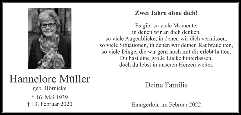  Traueranzeige für Hannelore Müller vom 12.02.2022 aus Die Glocke