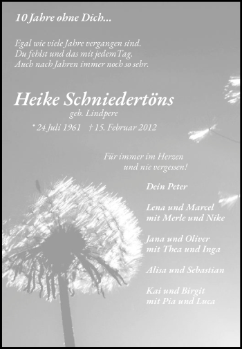 Traueranzeige von Heike Schniedertöns von Die Glocke