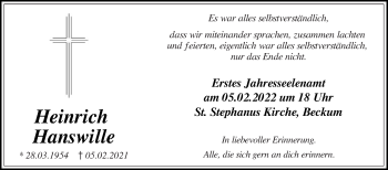 Traueranzeige von Heinrich Hanswille von Die Glocke