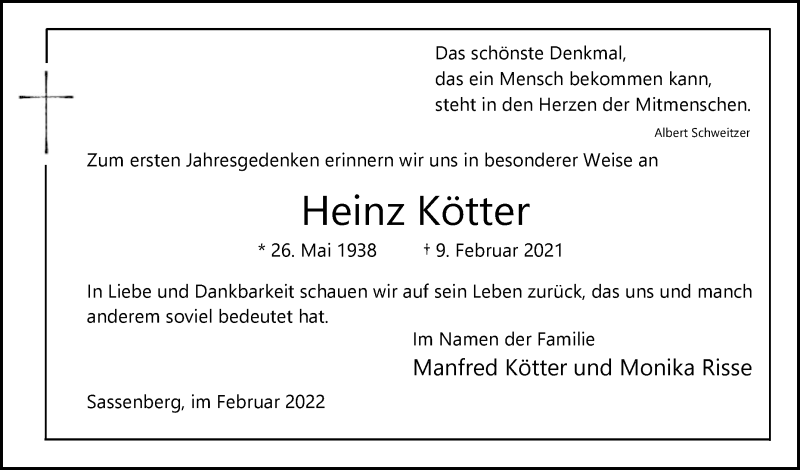  Traueranzeige für Heinz Kötter vom 09.02.2022 aus Die Glocke