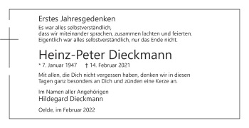 Traueranzeige von Heinz-Peter Dieckmann von Die Glocke