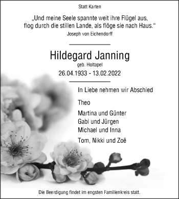 Traueranzeige von Hildegard Janning von Die Glocke