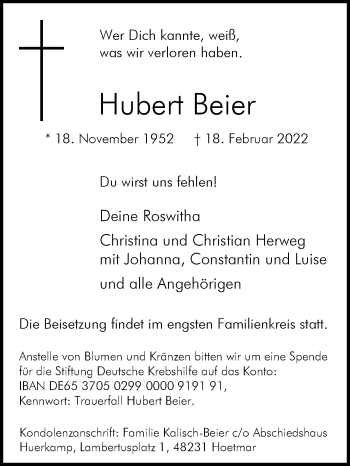 Traueranzeige von Hubert Beier von Die Glocke