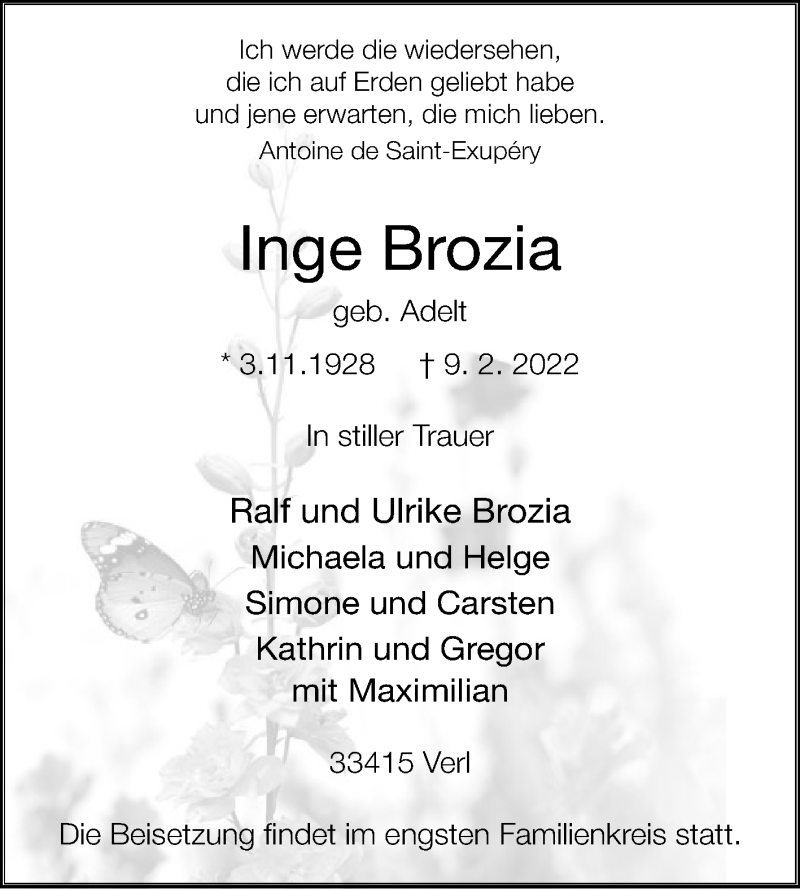  Traueranzeige für Inge Brozia vom 12.02.2022 aus Die Glocke