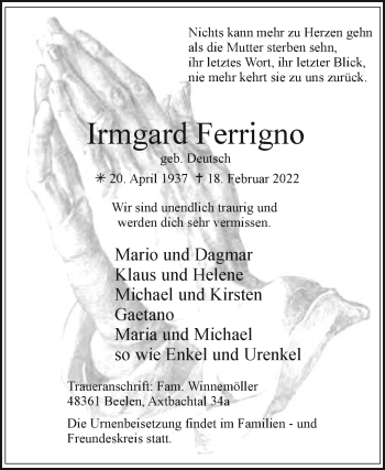 Traueranzeige von Irmgard Ferrigno von Die Glocke