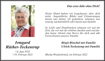 Traueranzeige von Irmgard Rüther-Teckentrup von Die Glocke