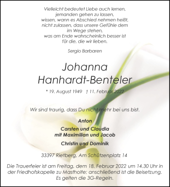 Traueranzeige von Johanna Hanhardt-Benteler von Die Glocke