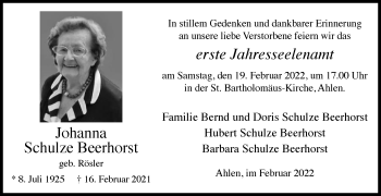 Traueranzeige von Johanna Schulze Beerhorst von Die Glocke