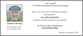 Traueranzeige von Johannes Kersting von Die Glocke