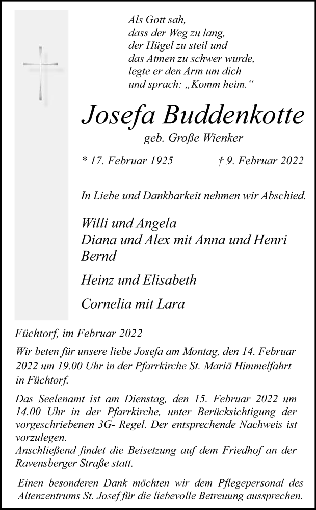  Traueranzeige für Josefa Buddenkotte vom 12.02.2022 aus Die Glocke