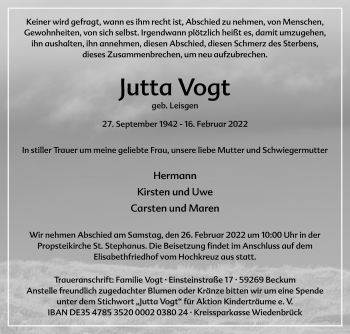 Traueranzeige von Jutta Vogt von Die Glocke